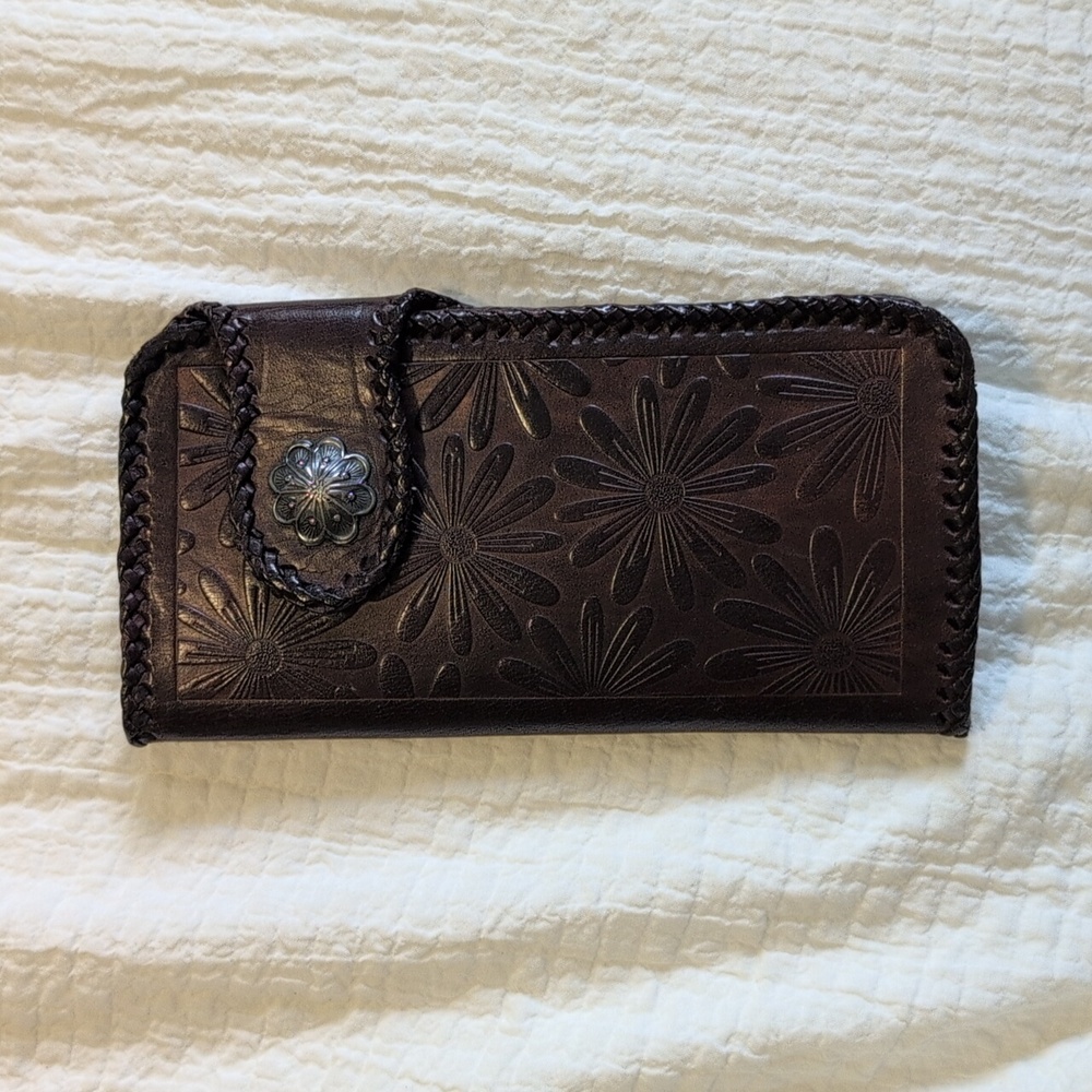 Bohemian Leather Braided Floral Metal Brown Wallet